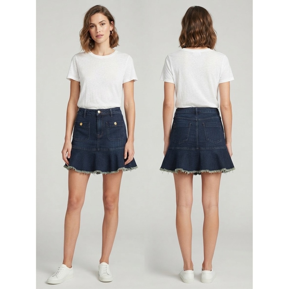 Michael Kors Dark Wash Denim Flounce Hem Mini Skirt Gold Hardware Fringe Trim
